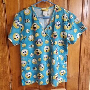 Central Small Scrub Top Womens‎ Turquoise Emoji Medical Mock Wrap SM48A601